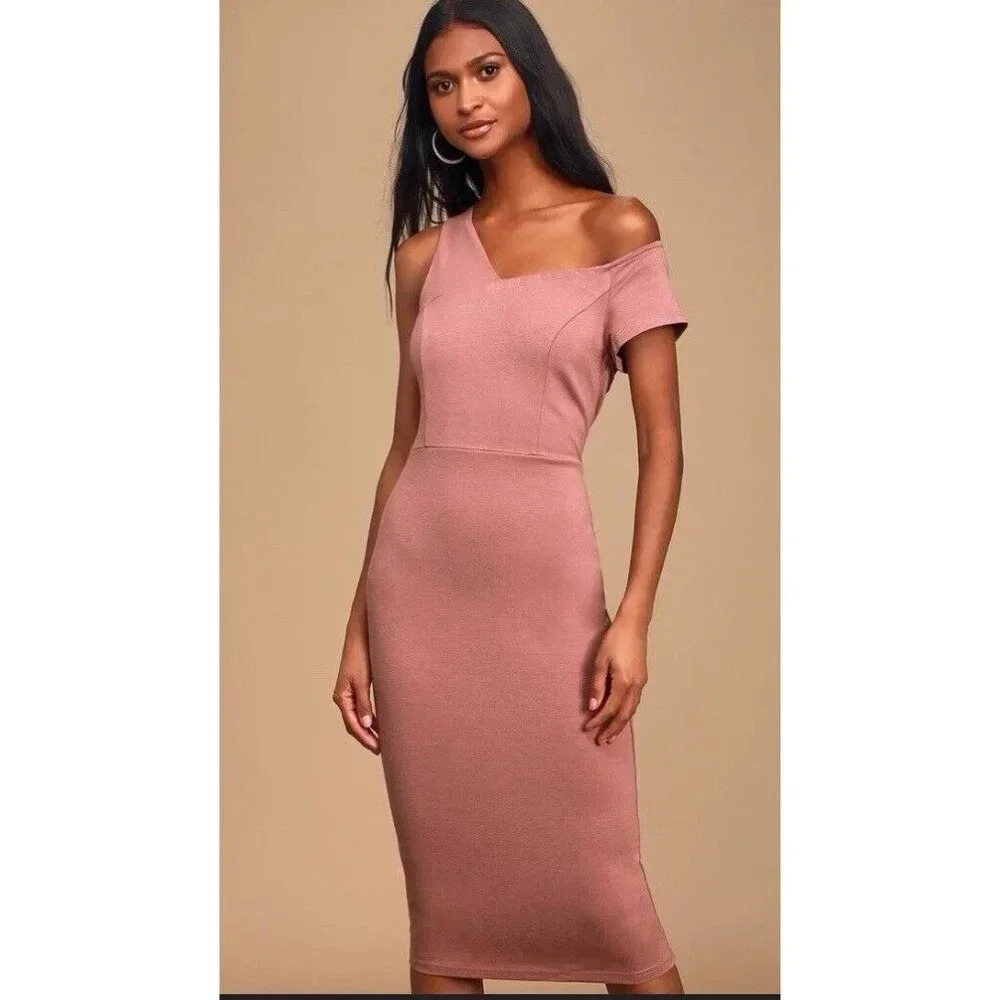Lulu's Open Your Heart Mauve Pink‎ One-Shoulder Bodycon Midi Dress size XS Party